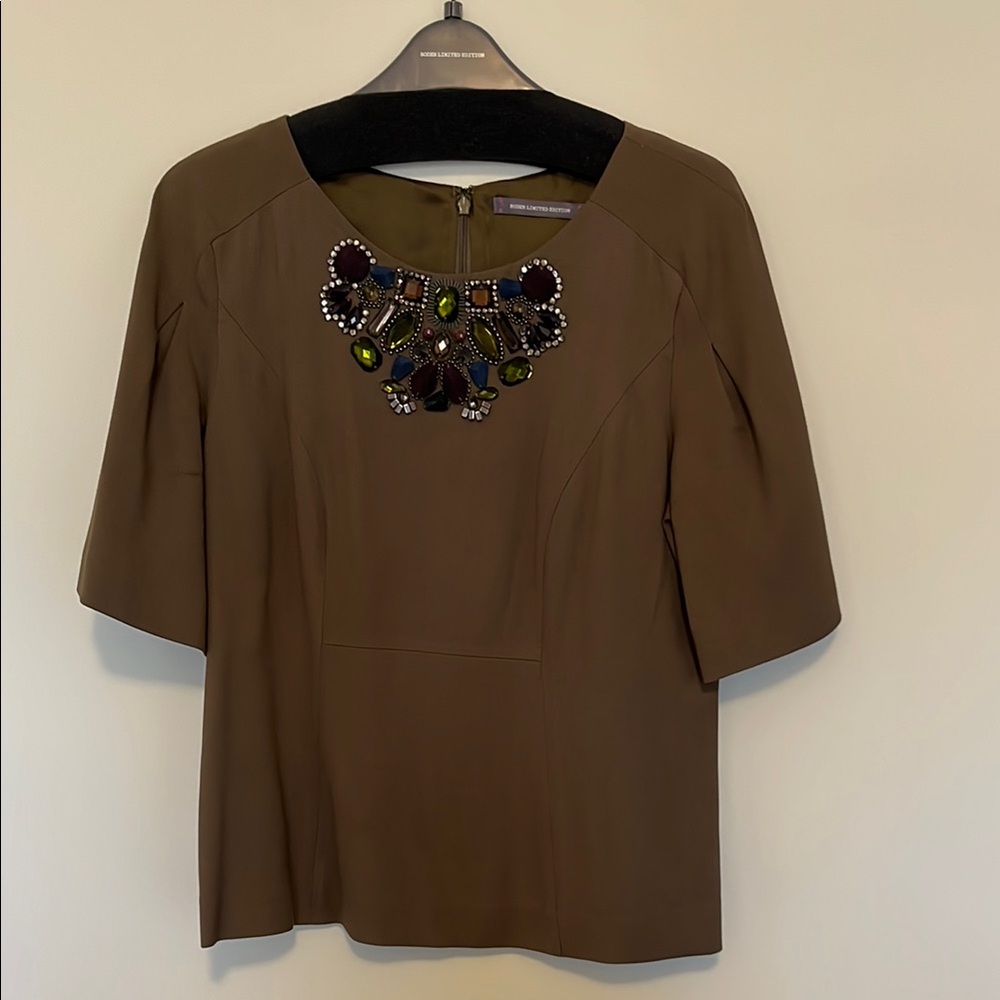 Boden Olive 3/4 Sleeve Embellished Blouse